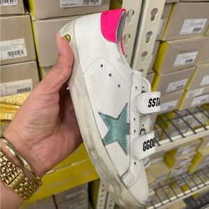 Golden Goose Kids White Sneaker with Teal Star and Pink Heel Tab